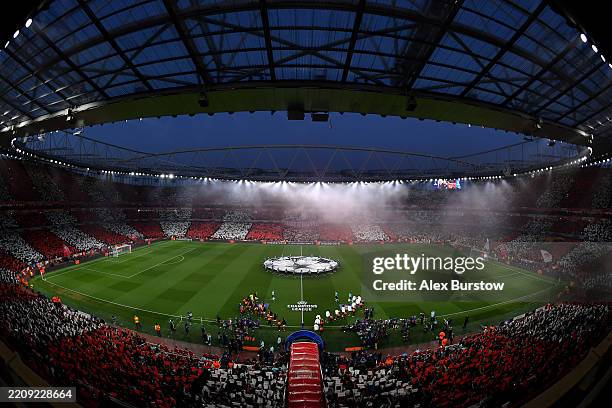 General view inside the stadium as Arsenal and Real Madrid players walk out onto the pitch prior to the UEFA Champions League 2024/25 Quarter Final...