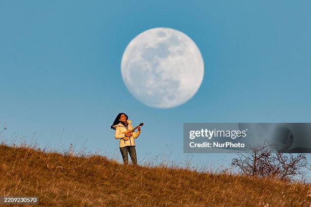 "Pink" full Moon rising on a mountain landscape behind a woman playing an ukulele is seen in the municipality of Calascio, Italy, on April 11th,...