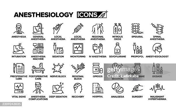 ilustraciones, imágenes clip art, dibujos animados e iconos de stock de conjunto de iconos de línea de anestesiología. grupo de objetos. anestesia, anestesia general, anestesia local, epidural, intubación, hospital, cirugía, quirófano. - urgencias-hospital