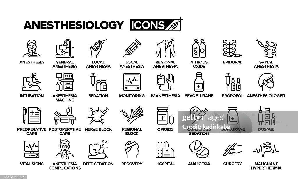 Anesthesiology line icon set. Group of object. Anesthesia, general anesthesia, local anesthesia, epidural, intubation, hospital, surgery, operating room.