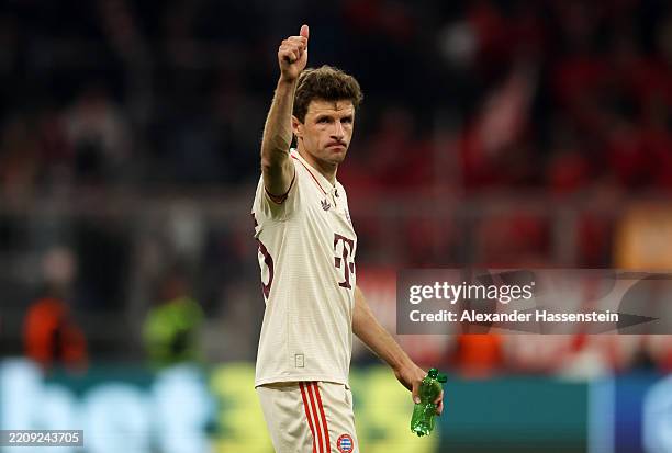 Thomas Mueller of Bayern Munich acknowledges the fans after defeat in the UEFA Champions League 2024/25 Quarter Final First Leg match between FC...