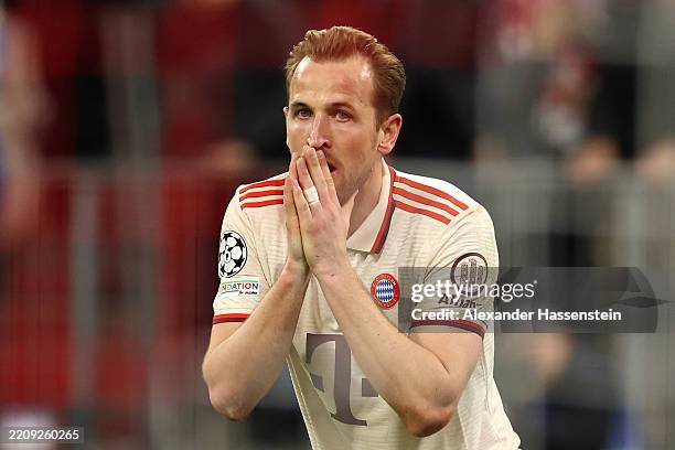 Harry Kane of Bayern Munich reacts after missing a chance during the UEFA Champions League 2024/25 Quarter Final First Leg match between FC Bayern...