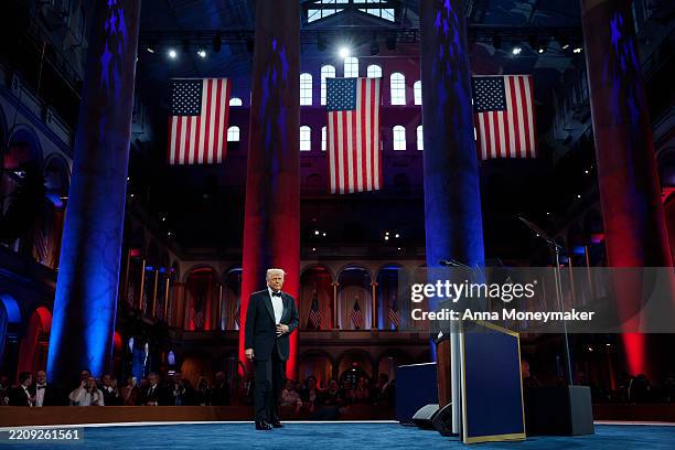 President Donald Trump arrives to speak at the National Republican Congressional Committee dinner at the National Building Museum on April 08, 2025...