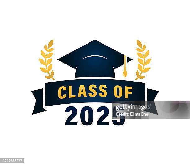 class of graduation emblem, ceremony greeting badge with mortarboard and laurel wreath - vector icon - university logo stock illustrations