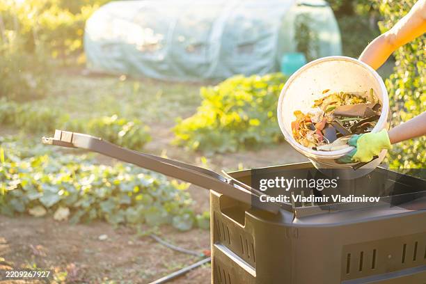 woman making compost from vegetable leftovers - compostable stock pictures, royalty-free photos & images