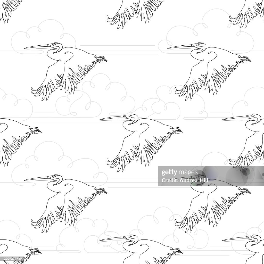 Pelican Flying Continuous Line Drawing Style with Single Line Drawing Clouds Seamless Pattern