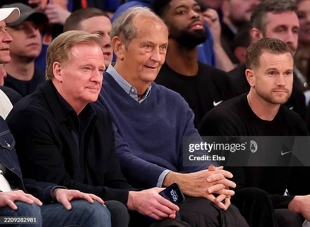 Commissioner Roger Goodell and Bill Bradley attend the game between the New York Knicks and the Boston Celtics at Madison Square Garden on April 08,...