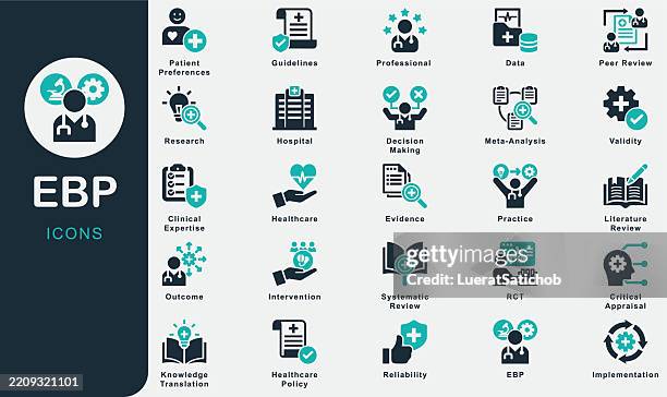 ebp evidenzbasierte praxis solide icons-sammlung. enthält gesundheitswesen, medizin, medizin, arzt, richtlinien, beweise, daten, praxis, ergebnis, fach, forschung, klinische expertise, gültigkeit - anweisungen konzepte stock-grafiken, -clipart, -cartoons und -symbole