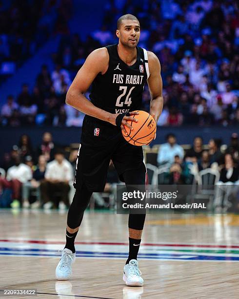 Abdelhakim Zouita of FUS de Rabat handles the ball during the game against the Stade Malien during the Kalahari Conference on April 12, 2025 Rabat,...
