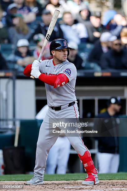 Boston Red Sox third baseman Alex Bregman bats during an MLB game against the Chicago White Sox on April 12, 2025 at Rate Field in Chicago, Illinois.