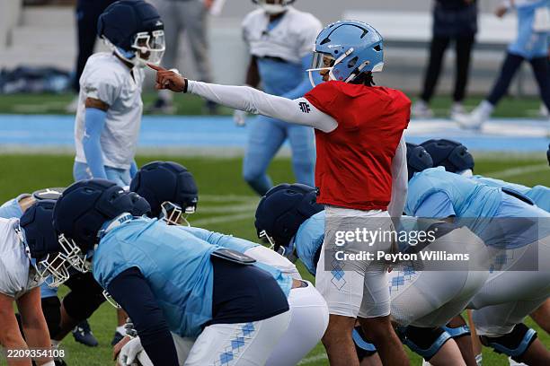 Quarterback Bryce Baker of the North Carolina Tar Heels during North Carolina's "Practice Like A Pro" Spring Football Event at Kenan Stadium on April...