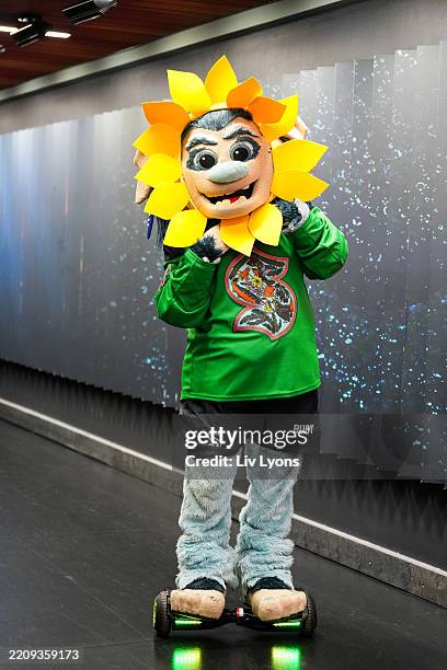 The mascot of the Seattle Kraken, Buoy, poses for a photo prior to the game against the St Louis Blues at Climate Pledge Arena on April 12, 2025 in...