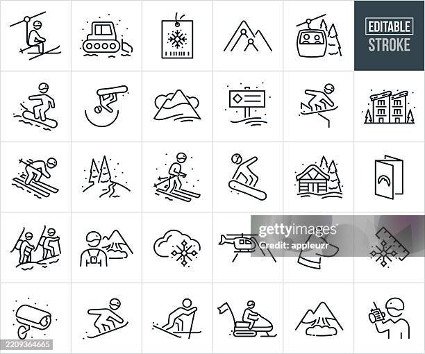 stockillustraties, clipart, cartoons en iconen met ski resort thin line icons - editable stroke - icons include skiers, skiing, snowboarding, snowboarder, ski lift, ski mountain, winter sports, winter recreation, leisure activity, snow, board park, athlete, people - ski