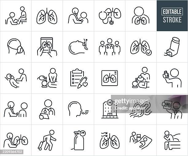 respiratory therapy thin line icons - editable stroke - icons include a pulmonologist, patient with respiratory illness, lung disease, patient care, symptoms, asthma, respiratory system, breathing, human lungs, healthcare, stethoscope, medical exam - respiratory disease stock illustrations