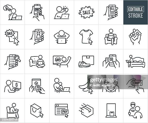 stockillustraties, clipart, cartoons en iconen met online shopping thin line icons - editable stroke - icons include online shoppers, shoppers using computers and smartphone to shop, online purchasing, buying, credit card, shopper, customer, website, e-commerce, goods, shipping, package, delivery - dunne lijn illustratie