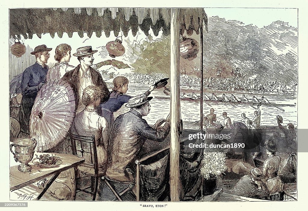 People watching a boat race, Sketches at the Henley Regatta, Henley-on-Thames, Victorian 19th Century 1880s