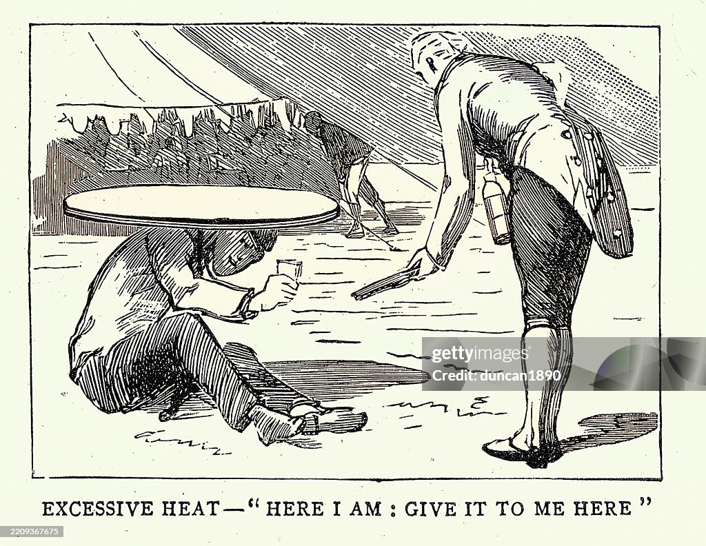 Man sheltering in the shade from the sun while waiter bring a fresh drink, Sketches at the Henley Regatta, Henley-on-Thames, Victorian 19th Century 1880s