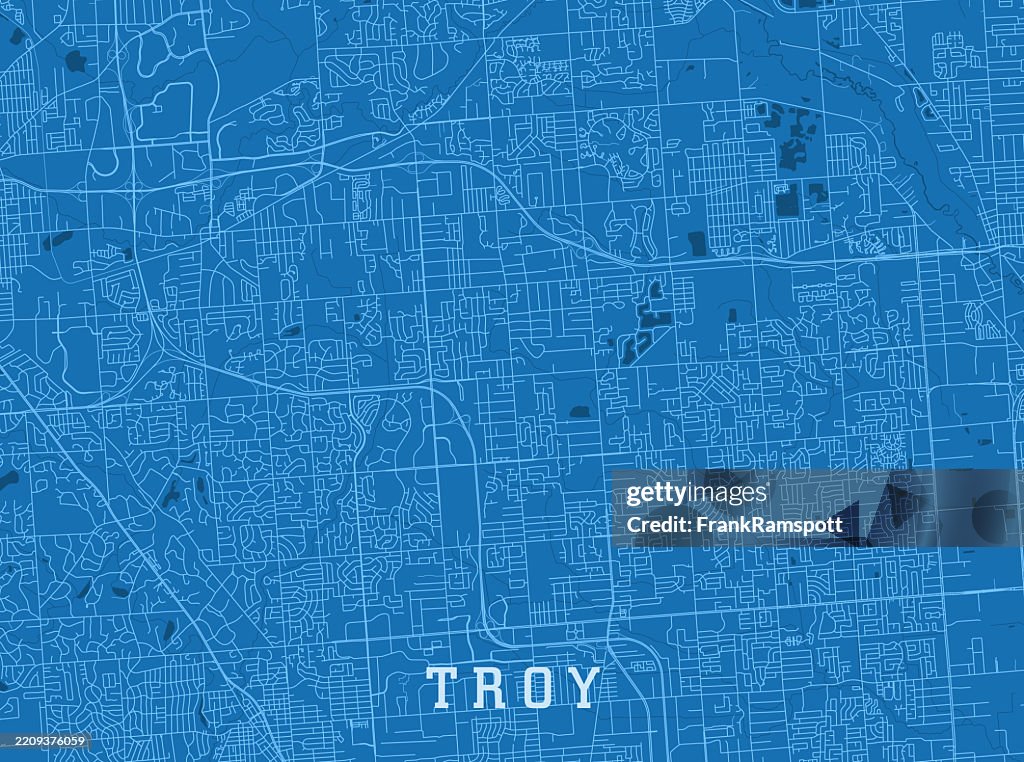 Troy MI City Vector Road Map Blue Horizontal