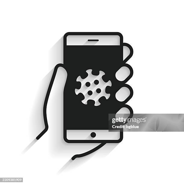 covid-19 smartphone app - coronavirus application. icon with long shadow on white background - bacteria cell stock illustrations