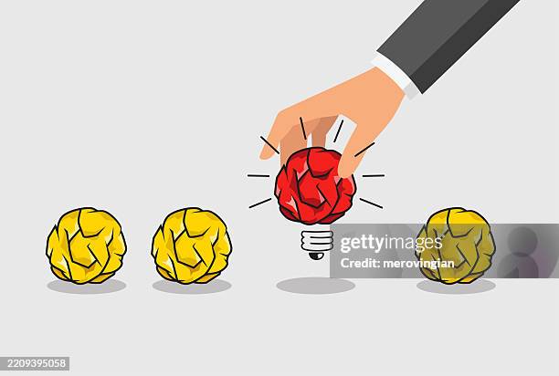 hand selecting bright idea concept from ordinary crumpled paper balls - guy-throwing-out-garbage-drawing stock illustrations