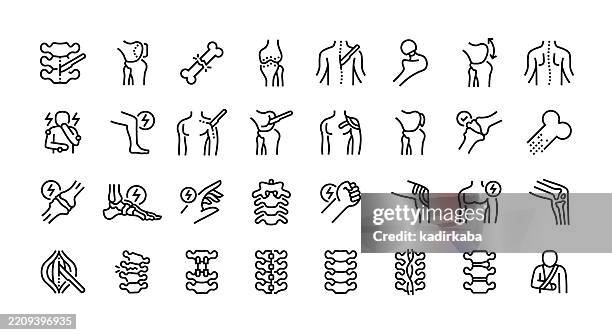 symbolsatz für orthopädische linie. gruppe von objekten. anatomie, knochenbruch, menschlicher knochen, arthritis, menschliches gelenk, gelenkersatz, orthopädische zahnspange, orthopädischer chirurg. - knochenbruch stock-grafiken, -clipart, -cartoons und -symbole