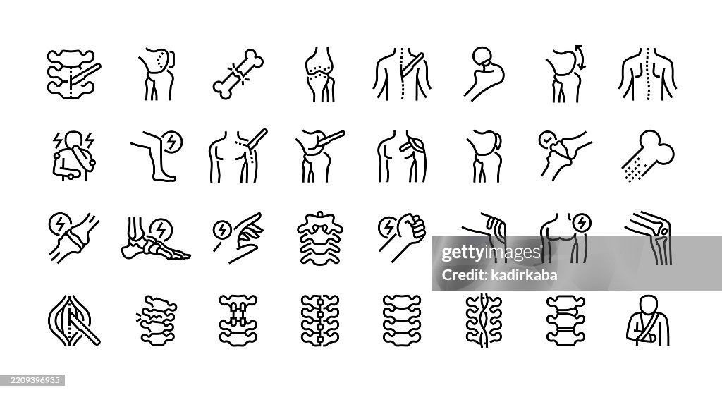 Orthopedic line icon set. Group of objects. Anatomy, bone fracture, human bone, arthritis, human joint, joint replacement, orthopedic brace, orthopedic surgeon.