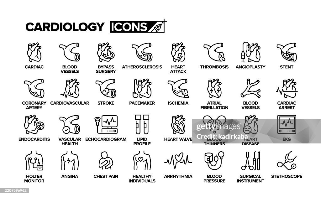 Cardiology line icon set. Group of object. Cardiac, blood vessel, bypass surgery, heart attack, angioplasty, stent, pacemaker, electrocardiography.