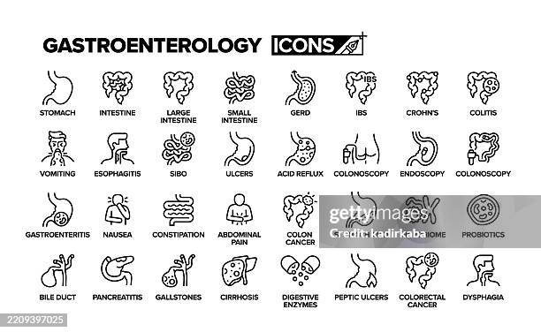 bildbanksillustrationer, clip art samt tecknat material och ikoner med gastroenterology line icon set. group of objects. stomach, intestines, colonoscopy, endoscopy, colon cancer, large intestines, small intestines, ulcers. - människans matsmältningsorgan