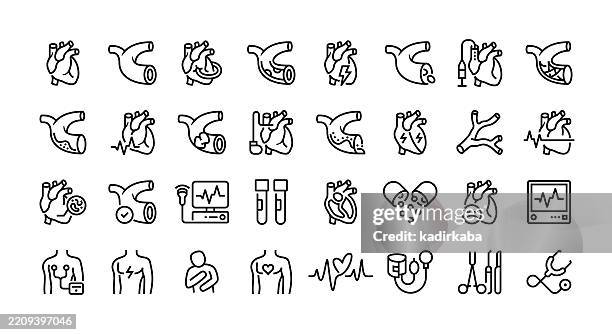 cardiology line icon set. group of object. cardiac, blood vessel, bypass surgery, heart attack, angioplasty, stent, pacemaker, electrocardiography. - atherosklerose stock-grafiken, -clipart, -cartoons und -symbole