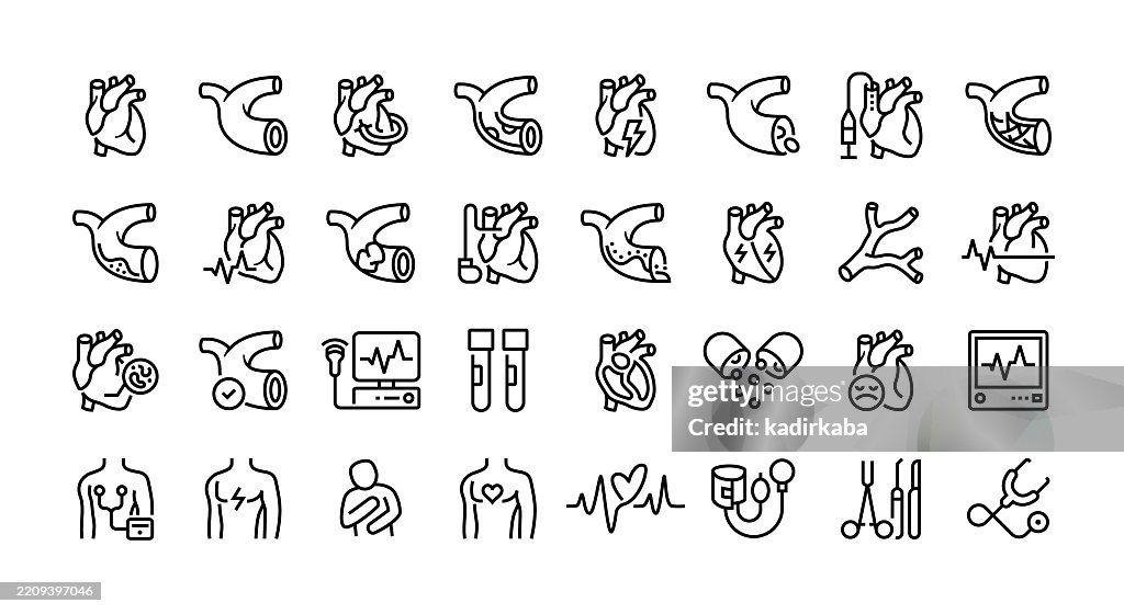 Cardiology line icon set. Group of object. Cardiac, blood vessel, bypass surgery, heart attack, angioplasty, stent, pacemaker, electrocardiography.