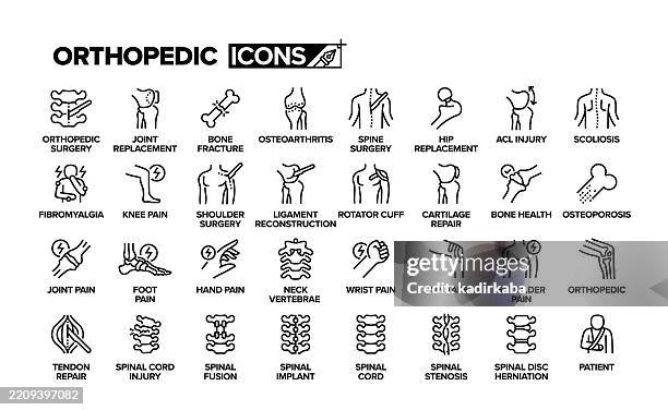 illustrations, cliparts, dessins animés et icônes de jeu d’icônes de ligne orthopédique. groupe d’objets. anatomie, fracture osseuse, os humain, arthrite, articulation humaine, remplacement articulaire, attelle orthopédique, chirurgien orthopédique. - jambe