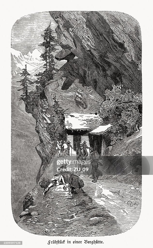 Picnic at a mountain hut, wood engraving, published in 1895