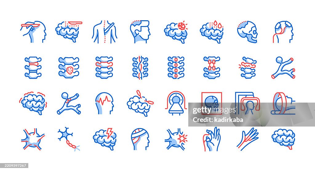 Neurosurgery line icon set. Group of objects. Brain surgery, brain, brain tumor, doctor, aneurysm, hospital.