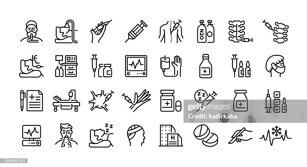 Anesthesiology line icon set. Group of object. Anesthesia, general anesthesia, local anesthesia, epidural, intubation, hospital, surgery, operating room.