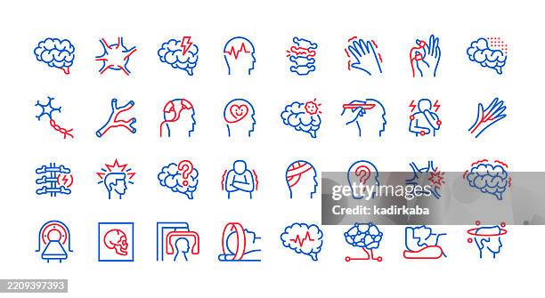 ilustraciones, imágenes clip art, dibujos animados e iconos de stock de conjunto de iconos de línea de neurología. grupo de objetos. células nerviosas, lesiones cerebrales, cirugía cerebral, parkinson, epilepsia, neuronas, neurológicas, tumores cerebrales, demencia. - sistema nervioso humano