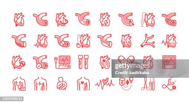 illustrations, cliparts, dessins animés et icônes de ensemble d’icônes de ligne de cardiologie. groupe d’objets. chirurgie cardiaque, chirurgie des vaisseaux sanguins, pontage, crise cardiaque, angioplastie, endoprothèse, stimulateur cardiaque, électrocardiographie. - artère humaine