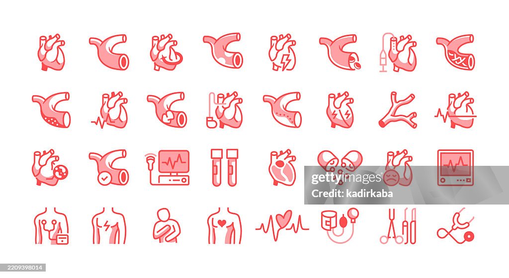 Cardiology line icon set. Group of object. Cardiac, blood vessel, bypass surgery, heart attack, angioplasty, stent, pacemaker, electrocardiography.