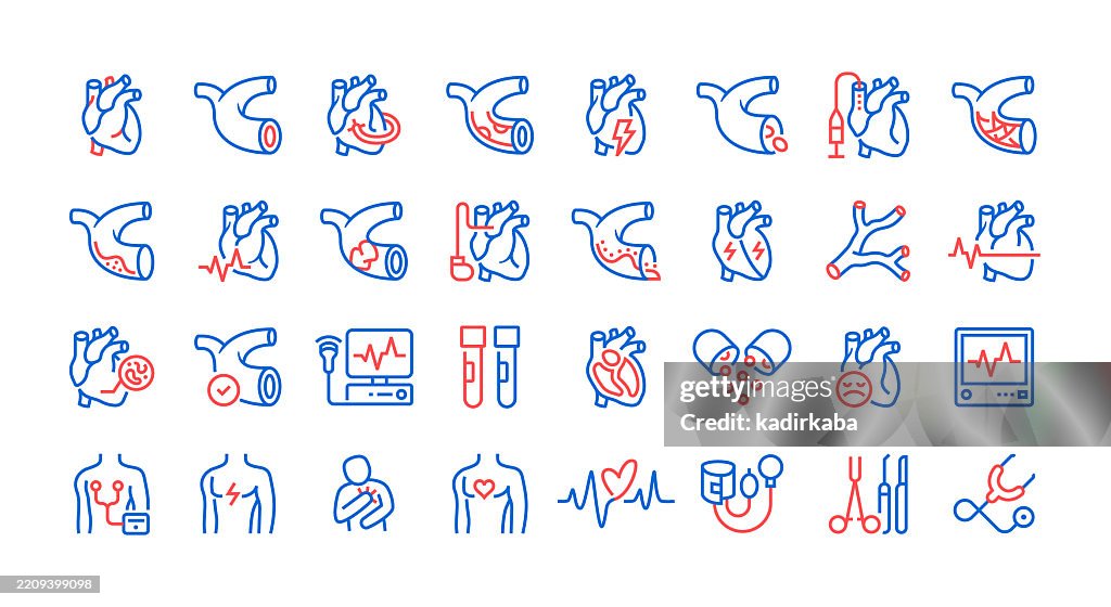 Cardiology line icon set. Group of object. Cardiac, blood vessel, bypass surgery, heart attack, angioplasty, stent, pacemaker, electrocardiography.