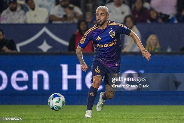 Diego Fagúndez of Los Angeles Galaxy during the second half of the match against Houston Dynamo at Dignity Health Sports Park on April 12, 2025 in...