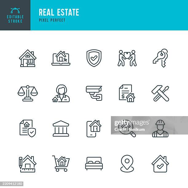 stockillustraties, clipart, cartoons en iconen met real estate - thin line vector icon set. pixel perfect. editable stroke. the set contains icons: house, real estate agent, home insurance, house construction, mortgage loan, repair, key, work tool, lease agreement. - huren