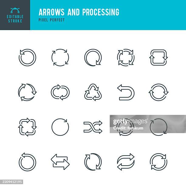pfeile und verarbeitung - vektor-symbolsatz mit dünner linie. pixel perfekt. bearbeitbarer strich. das set enthält icons: pfeilsymbol, replay, mixing, backup, recycling - schalter stock-grafiken, -clipart, -cartoons und -symbole