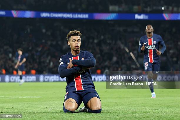 Desire Doue of Paris Saint-Germain celebrates scoring his team's first goal during the UEFA Champions League 2024/25 Quarter Final First Leg match...