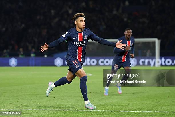 Desire Doue of Paris Saint-Germain celebrates scoring his team's first goal during the UEFA Champions League 2024/25 Quarter Final First Leg match...