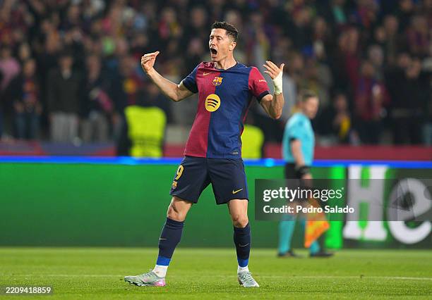 Robert Lewandowski of FC Barcelona celebrates scoring his team's second goal during the UEFA Champions League 2024/25 Quarter Final First Leg match...