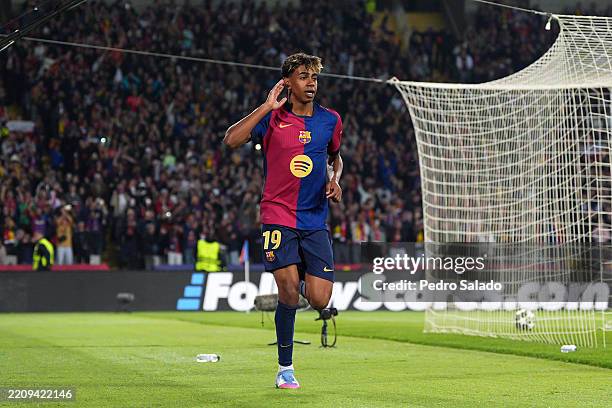 Lamine Yamal of FC Barcelona celebrates scoring his team's fourth goal during the UEFA Champions League 2024/25 Quarter Final First Leg match between...
