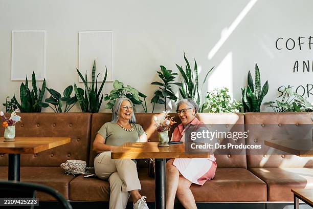 two female friends chatting while drinking coffee in a cafe - vriendschap stockfoto's en -beelden