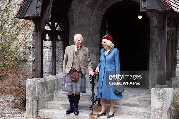King Charles III and Queen Camilla depart after attending a service at Crathie Kirk, near Balmoral, in which a new piece of music by Paul Mealor was...