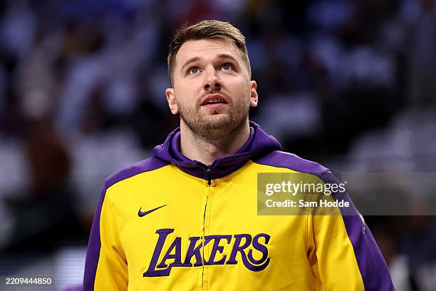 Luka Doncic of the Los Angeles Lakers warms up before the game against the Dallas Mavericks at American Airlines Center on April 09, 2025 in Dallas,...