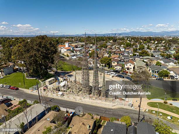 aerial view of watts towers art project in watts, california - watts los angeles stock pictures, royalty-free photos & images