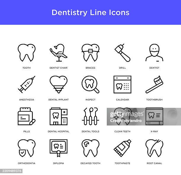 ilustraciones, imágenes clip art, dibujos animados e iconos de stock de conjunto de iconos de línea de odontología. trazo editable. pixel perfecto. - salud dental